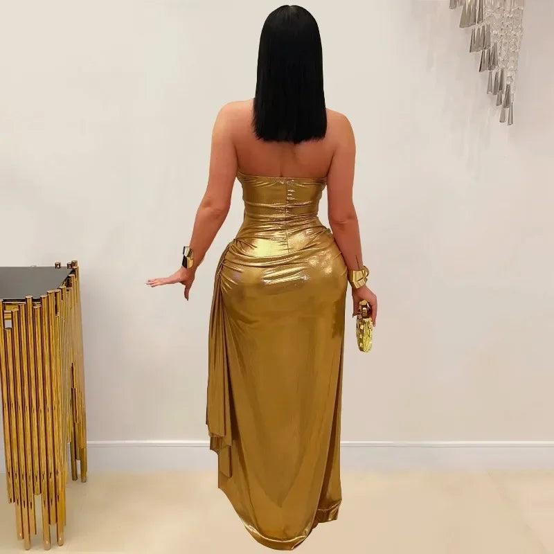 Gold Metallic Halter V Neck Backless Ruched Evening Dress for Women