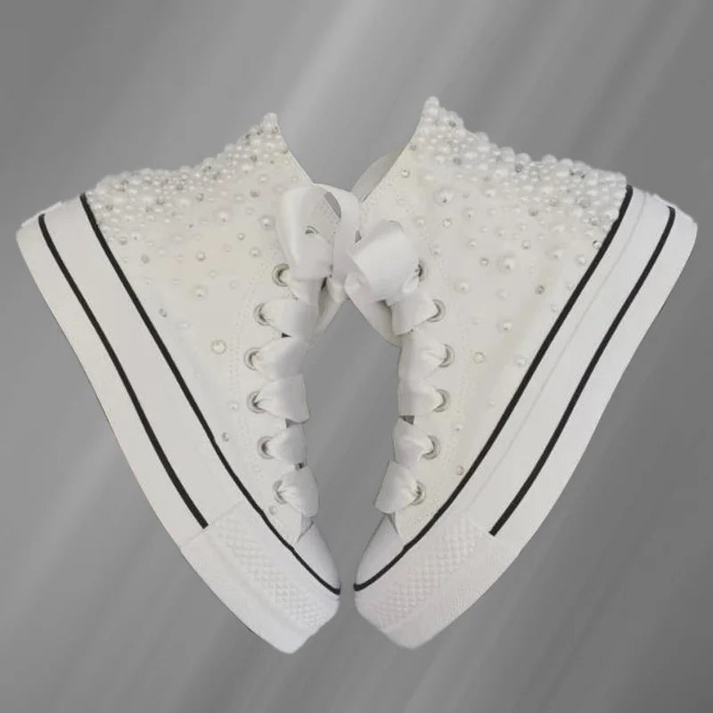 Pearl Rhinestone High Top Canvas Wedding Shoes for Women