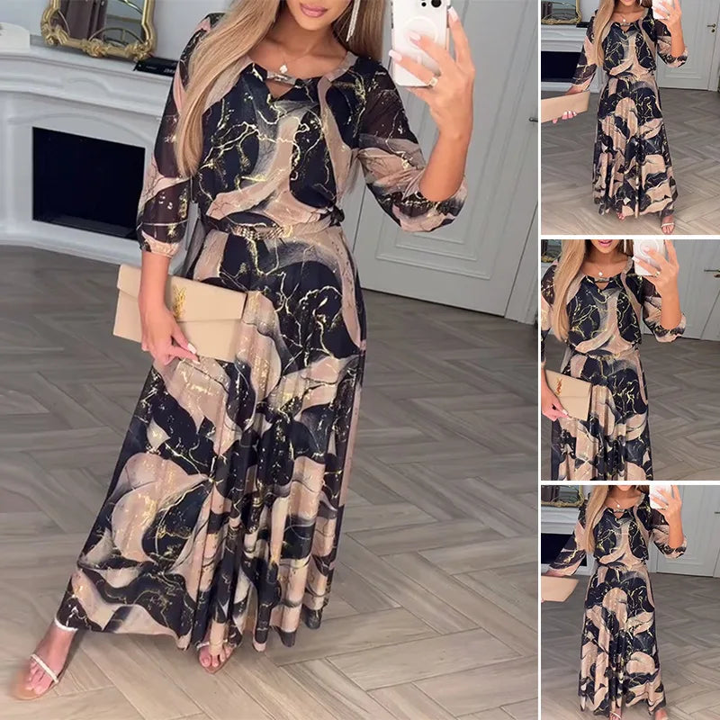 Elegant Cinched Waist Printed Long Dress for Women