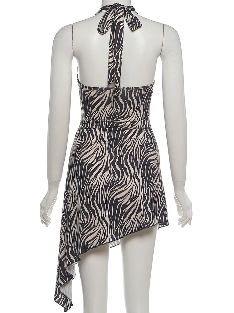 Zebra Striped Bandage Halter Backless Mini Bodycon Dress for Women