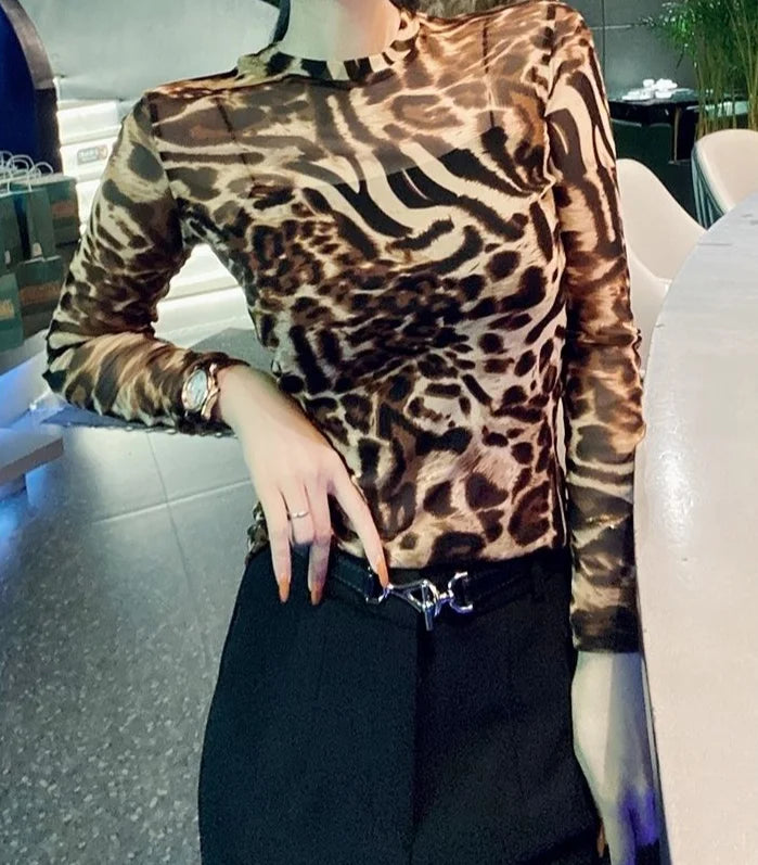 Top Female Mesh Leopard Print Women's Long Sleeve T-shirt Mature Spring Autumn Sexy Korean Reviews Many Clothes Japanese Vintage