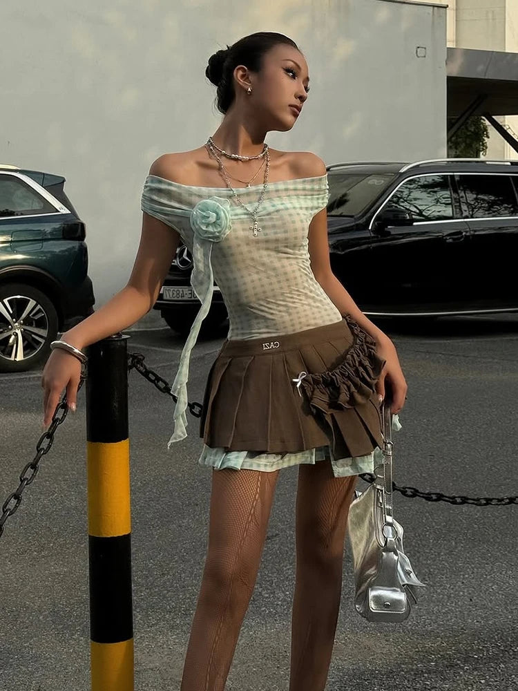 Weird Puss Plaid Print Applique Tops Women Mesh See Through Off Shoulder Backless Tassel Hot Girls Street Fashion Trend T-Shirts