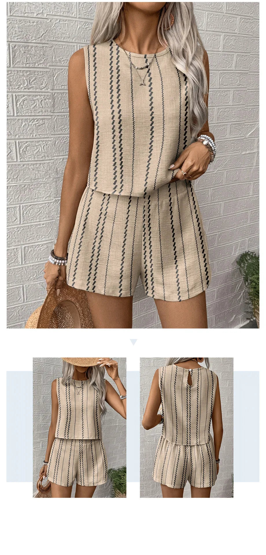 Vertical Striped Crop Top And Shorts Two Piece Set for Women