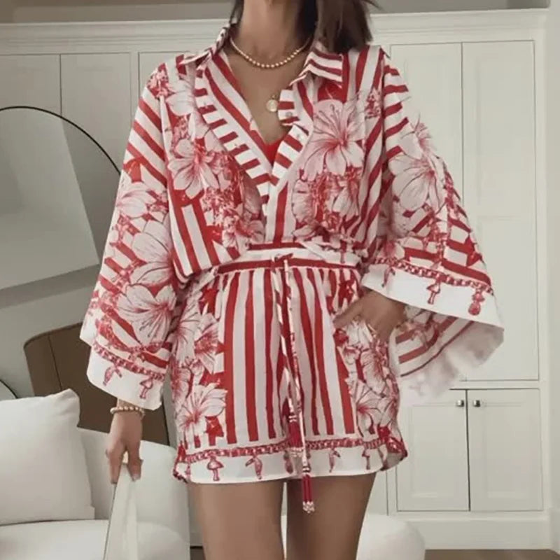 Batwing Sleeve Print Patchwork 2PCS Sets, Women Spring Summer Turn-Down Collar Chic Outfit, New Cardigan Top Shorts Ladies Suits