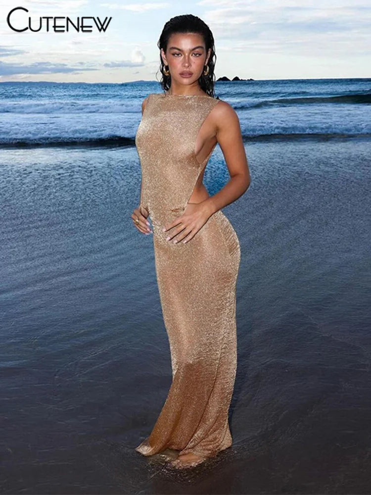 Beach Ready Backless Shiny Body-Shaping Maxi Dress for Women