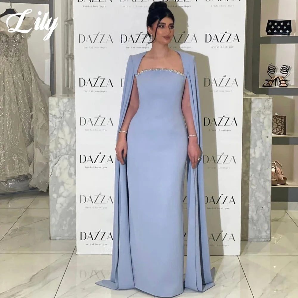 Lily Simple Blue Prom Dress with Beading Mermaid Sxey Party Dresses Sleeve with Cape Layered Mermaid Evening Dress Customized