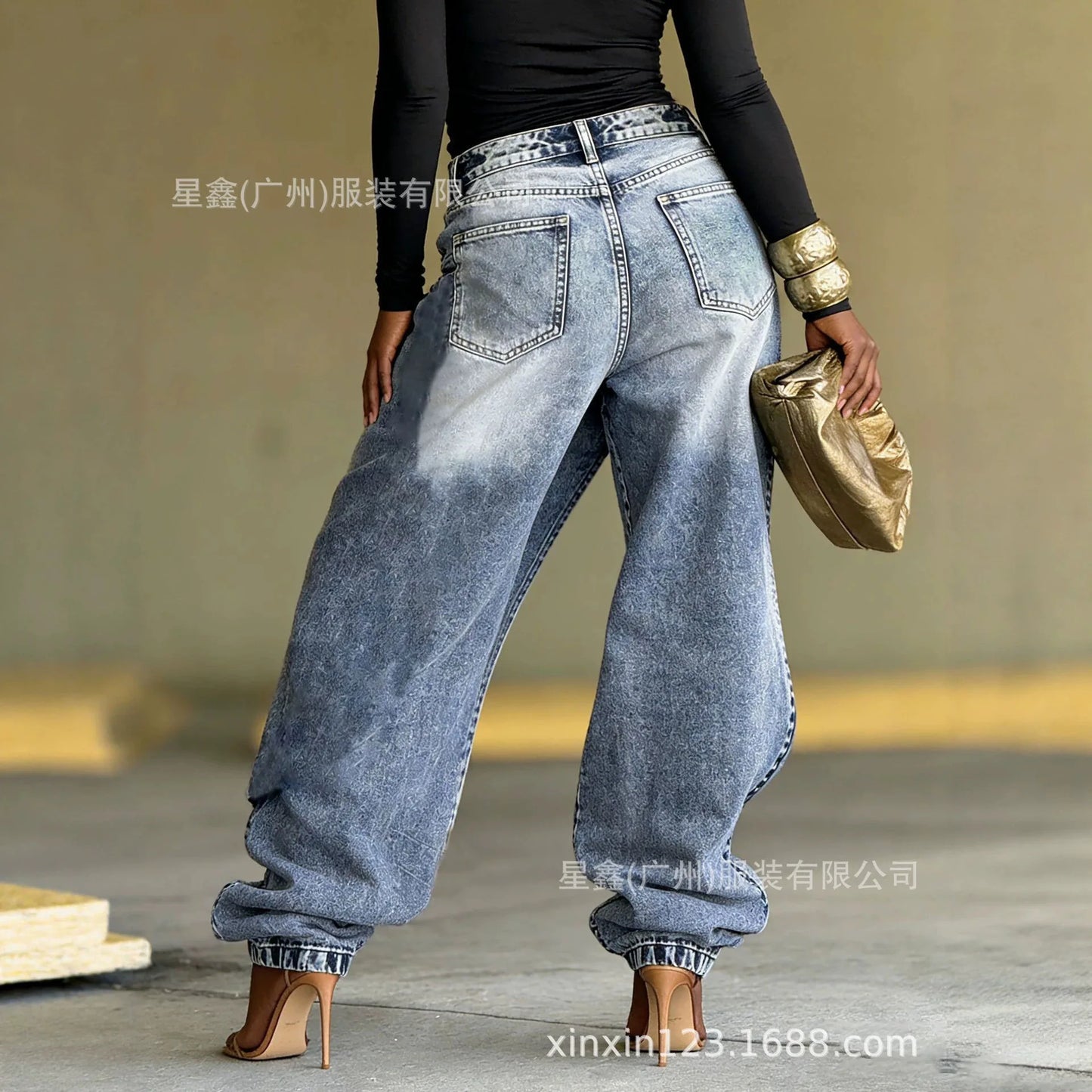 Washed Patchwork Baggy Jeans With Irregular Wrap Front for Women