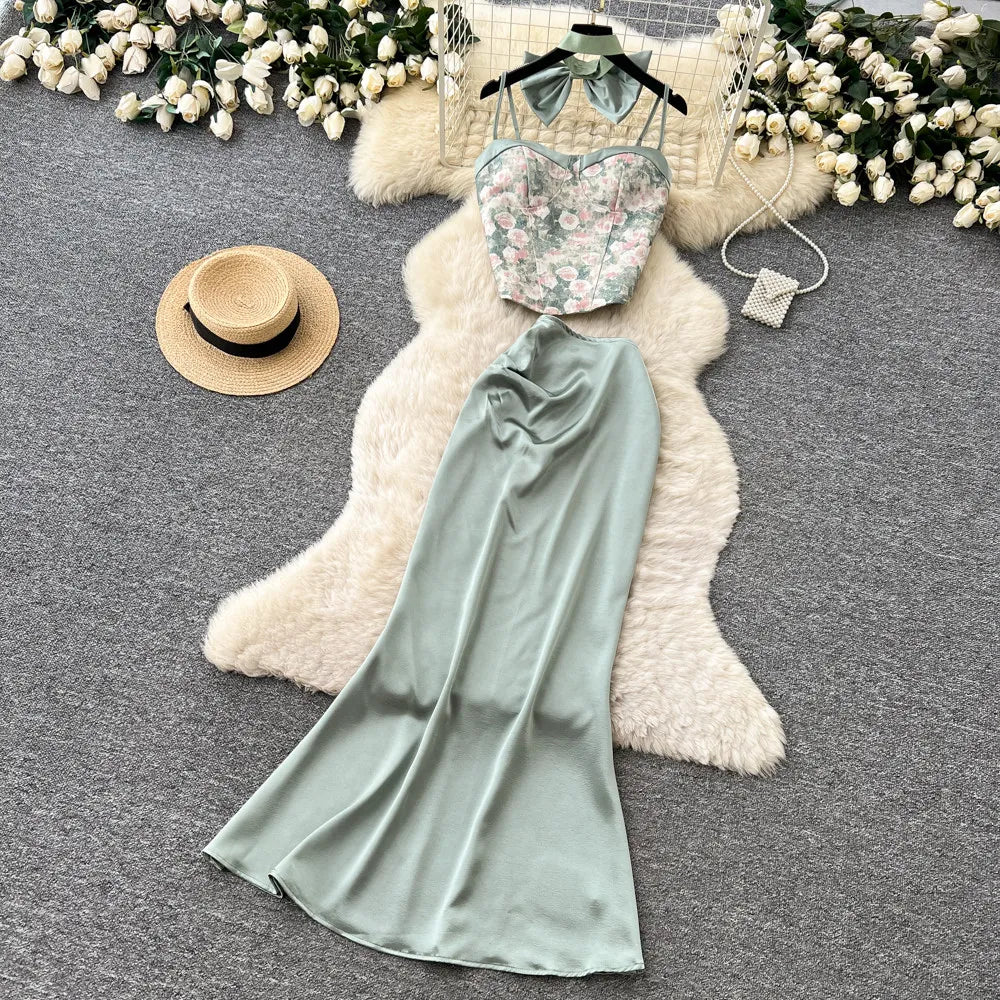 Bow Floral Satin Cami And Mermaid Skirt Set for Women