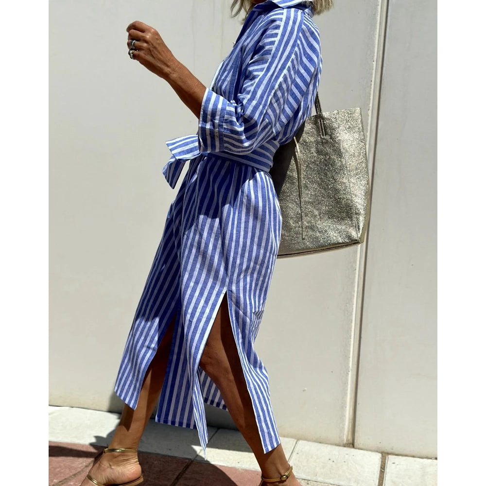 2025 Summer New Women's Stripe Lapel Half Sleeve Shirt Dress Turn-down Collar Button Front Midi Dress With Belt