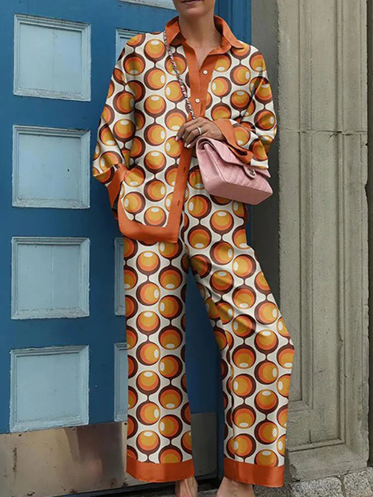 Vintage Printed Two Piece Trouser Suit Set for Women