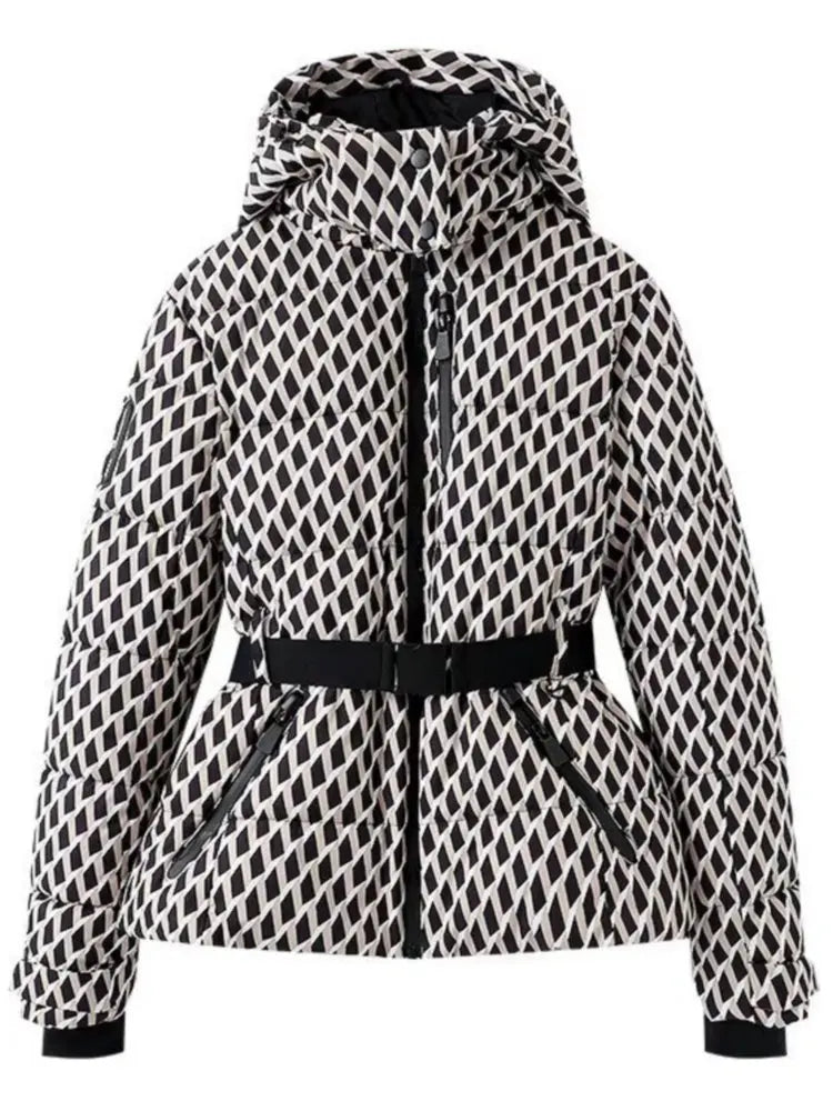 Hooded Windproof Padded Jacket And Pants Set With Belt for Women