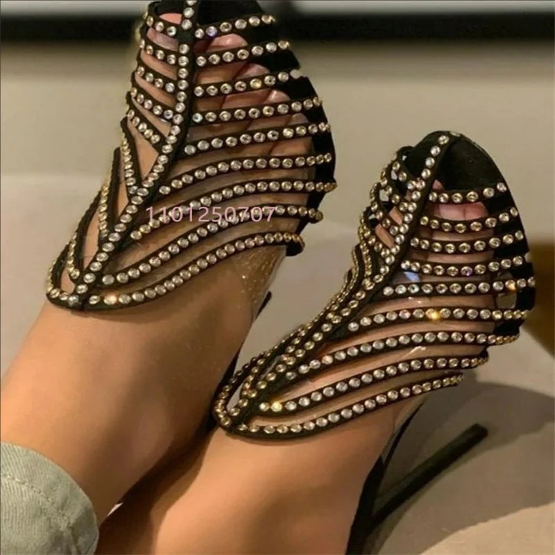 Rhinestone Hollow Out High Stiletto Heels With Buckle Strap for Women