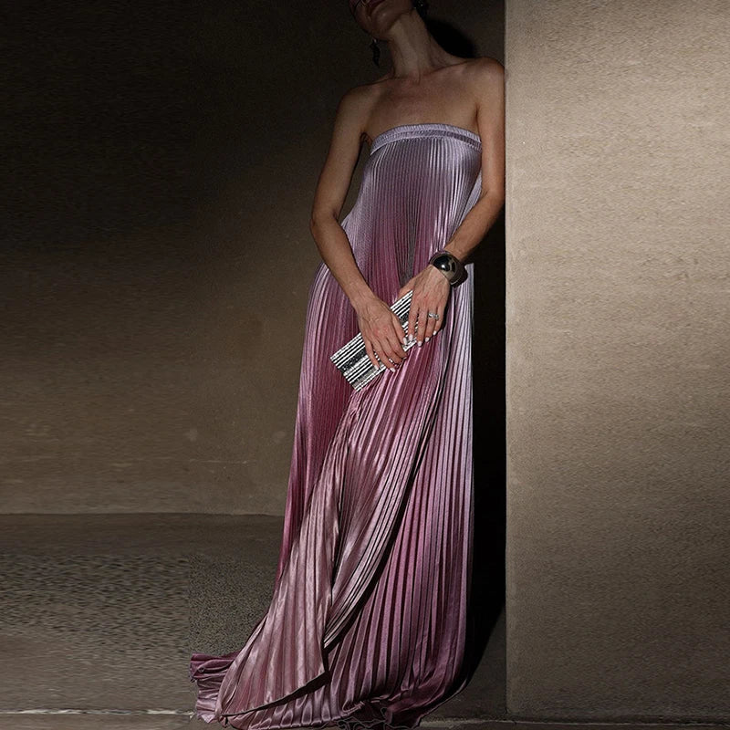 Women Elegant Big Hem One Shoulder Party Dress Show Style Pleated Gala Gowns Banquet New 2024 Gradient Tube Tops Evening Dress
