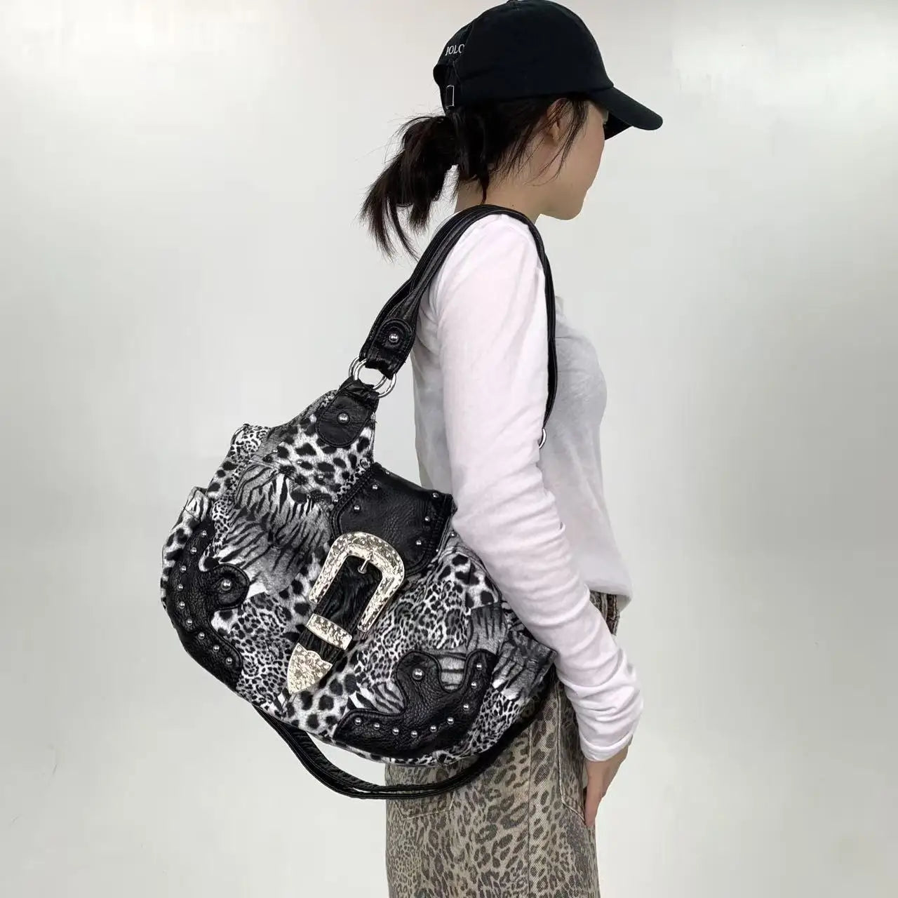Leopard Print Patchwork Tote Bag with Pockets for Women