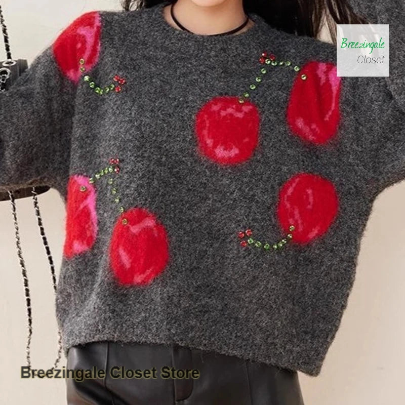Cherry Jacquard Round Neck Long Sleeve Sweater For Women