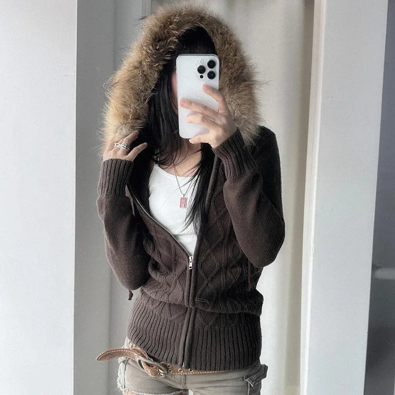 Spicy Girl Style, Furry Combination, Hoodie Zipper Sweater Cardigan, Women's Slimming And Shaping, Versatile Casual Coat