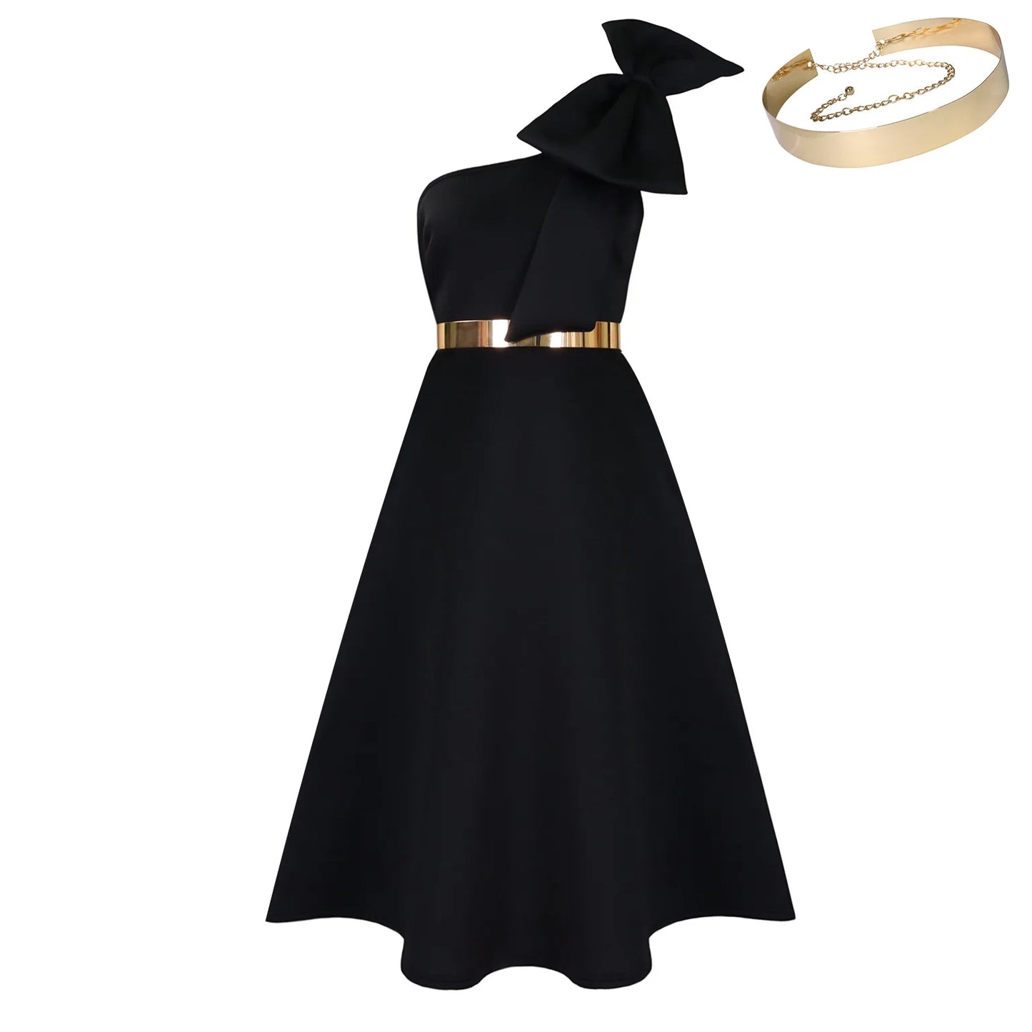 Dress One Shoulder A Line Pleated Knee Length Sleeveless Bow Belt Elegant Party Style