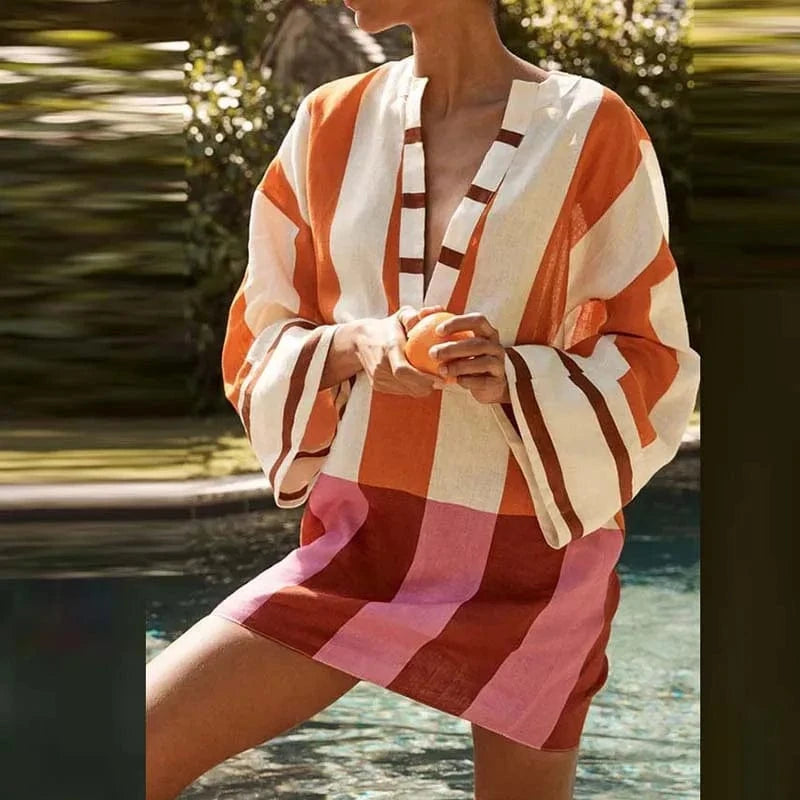 Autumn Long Sleeve Loose Bohemian Dress Vintage Contrast Striped Print V Neck Women Dress Spring Casual Patchwork Vacation Dress