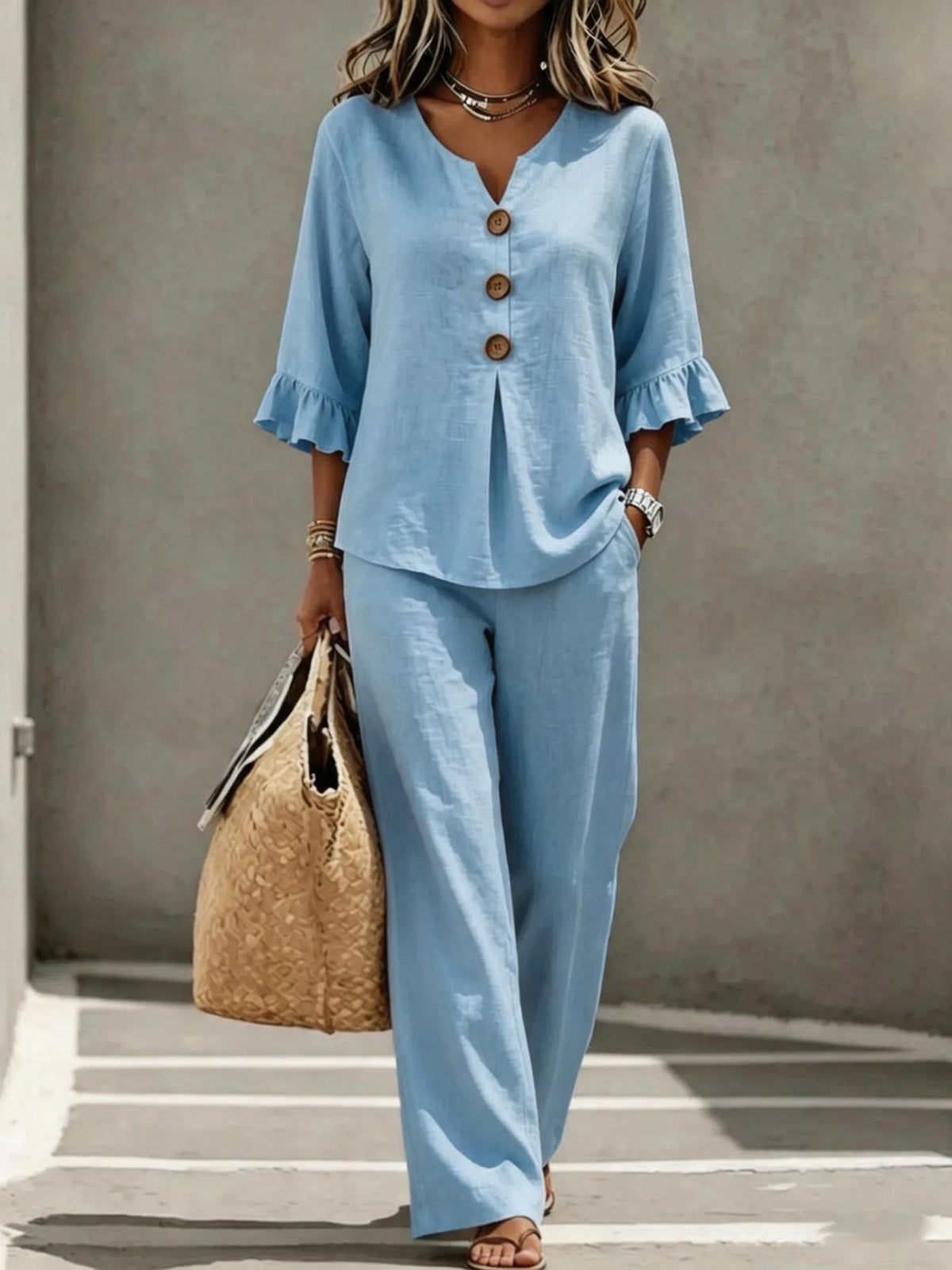 V-Neck Ruffled Two-Piece Top and Wide-Leg Pants Set for Women