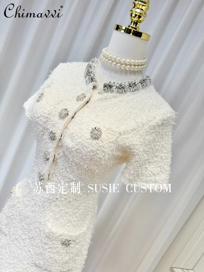 High-End Heavy Beaded Rhinestone Round Neck Slim Fit Bodycon Dress Autumn New Fashion Short Sleeve Elegant Party Women's Dress