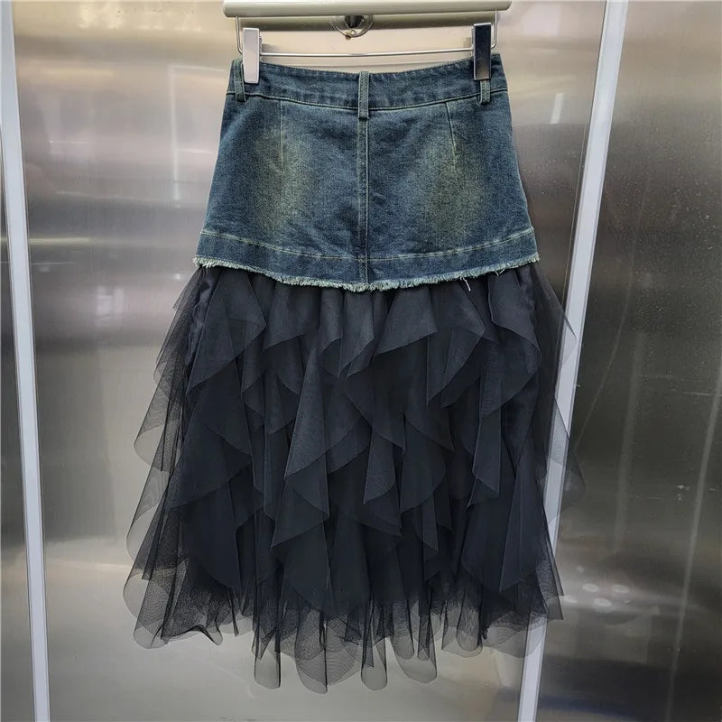 High Waist Patchwork Denim Ruffle Knee Length Skirt for Women