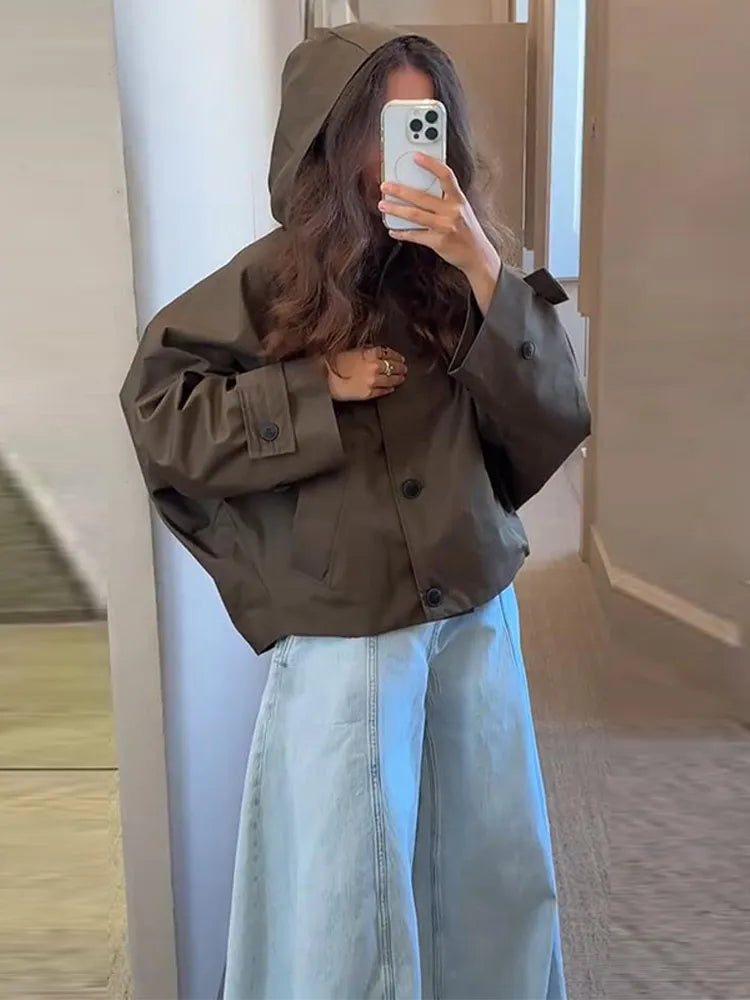 Vintage Single Breasted Women 's Treach Coats Loose Hooded Pockets Full Sleeve Short Jacket Female 2025 Autumn New Lady Outwears