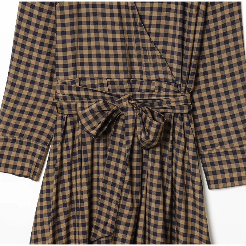 Elegant Plaid Women's Long Dresses Loose Tie Up Bow Laple Full Sleeve A-line Dress For Woman 2026 Spring New Lady Party Robes