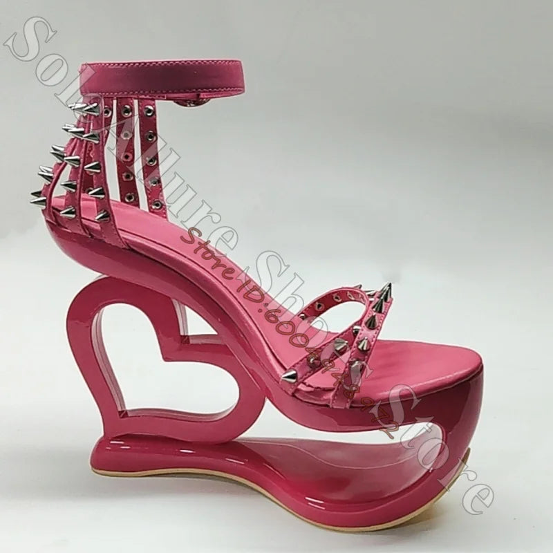 Glossy Patent Leather Spiked Heart Cage Wedge Sandals For Women