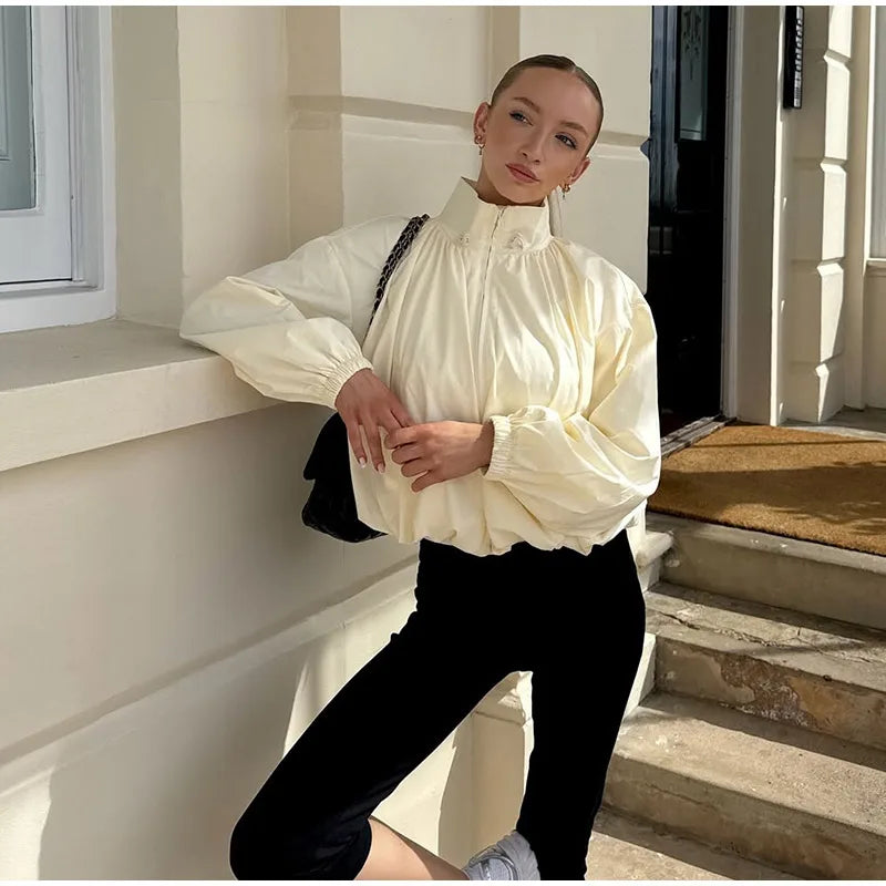 Zip Up High Neck Puff Sleeve Cropped Jacket For Women