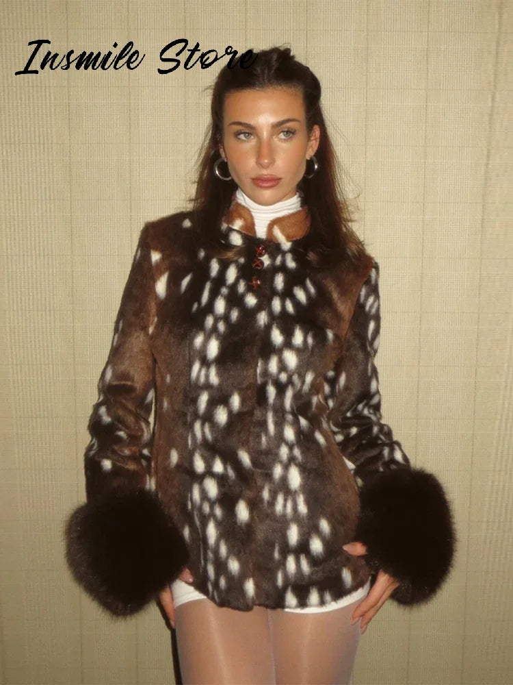 Fitted Vintage Leopard Patchwork Faux Fur Coat for Women