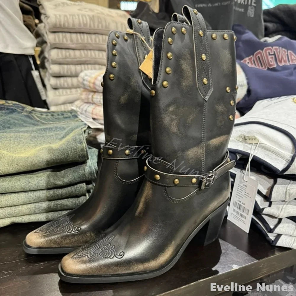 Retro Chunky Heel Western Knee High Boots For Women