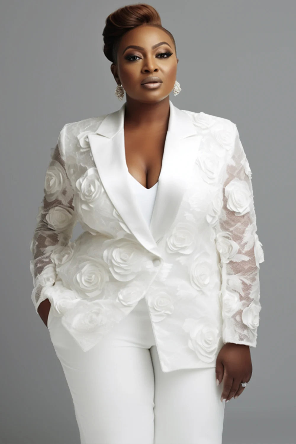 Plus Size Wedding White Elegant Lapel Collar Long Sleeve See Through 3D Two Piece Pant Suits