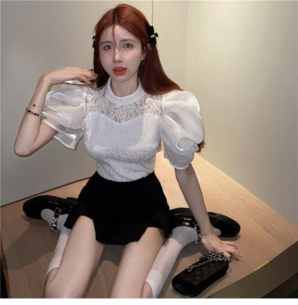 Korean V-Neck Bubble Sleeve Irregular Pleated Top for Women