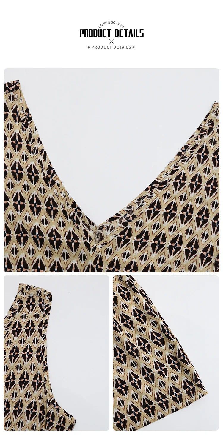 Printed Spaghetti Strap V-Neck Dress With Waist Tie for Women