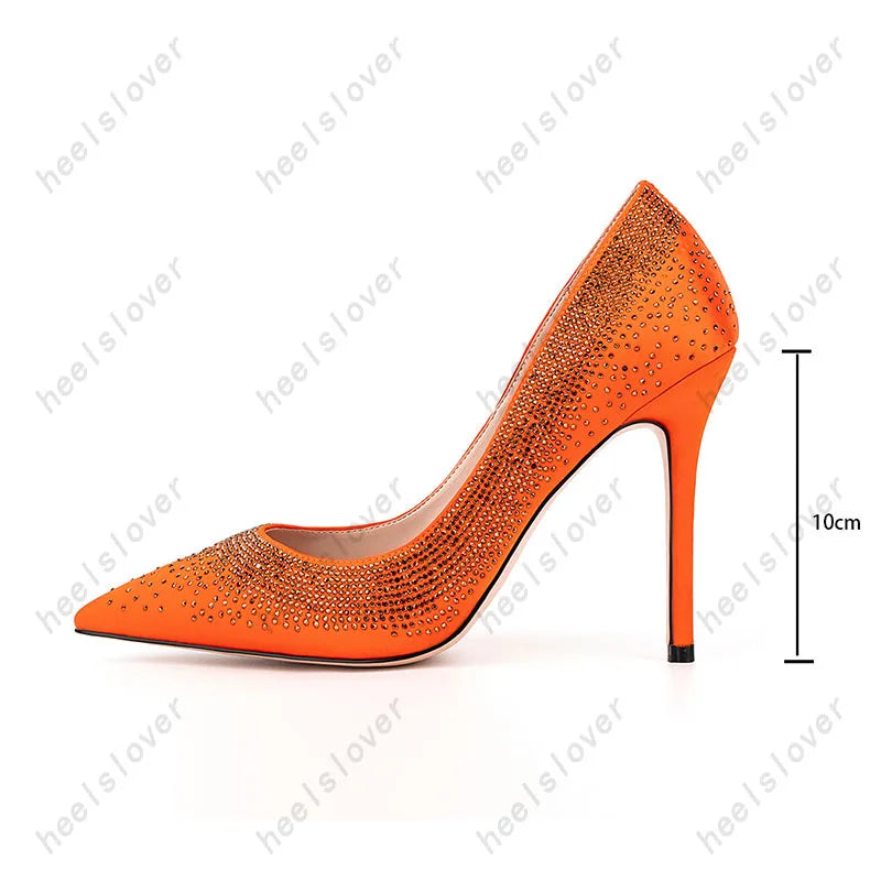 Elegant Orange Rhinestone Pointed Toe Pumps For Women