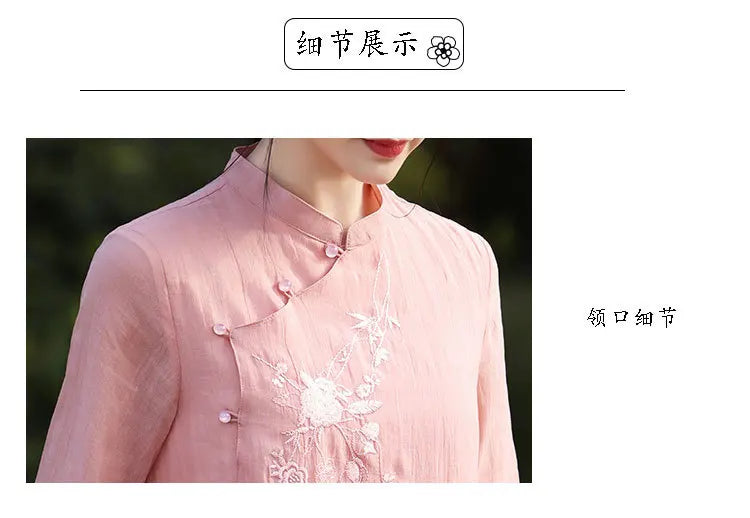 Elegant Floral Embroidered Ramie + Cheongsam Dress + for Women