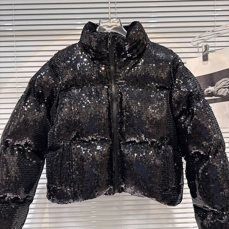 Shiny Sequin Stand Collar Padded Winter Jacket For Women