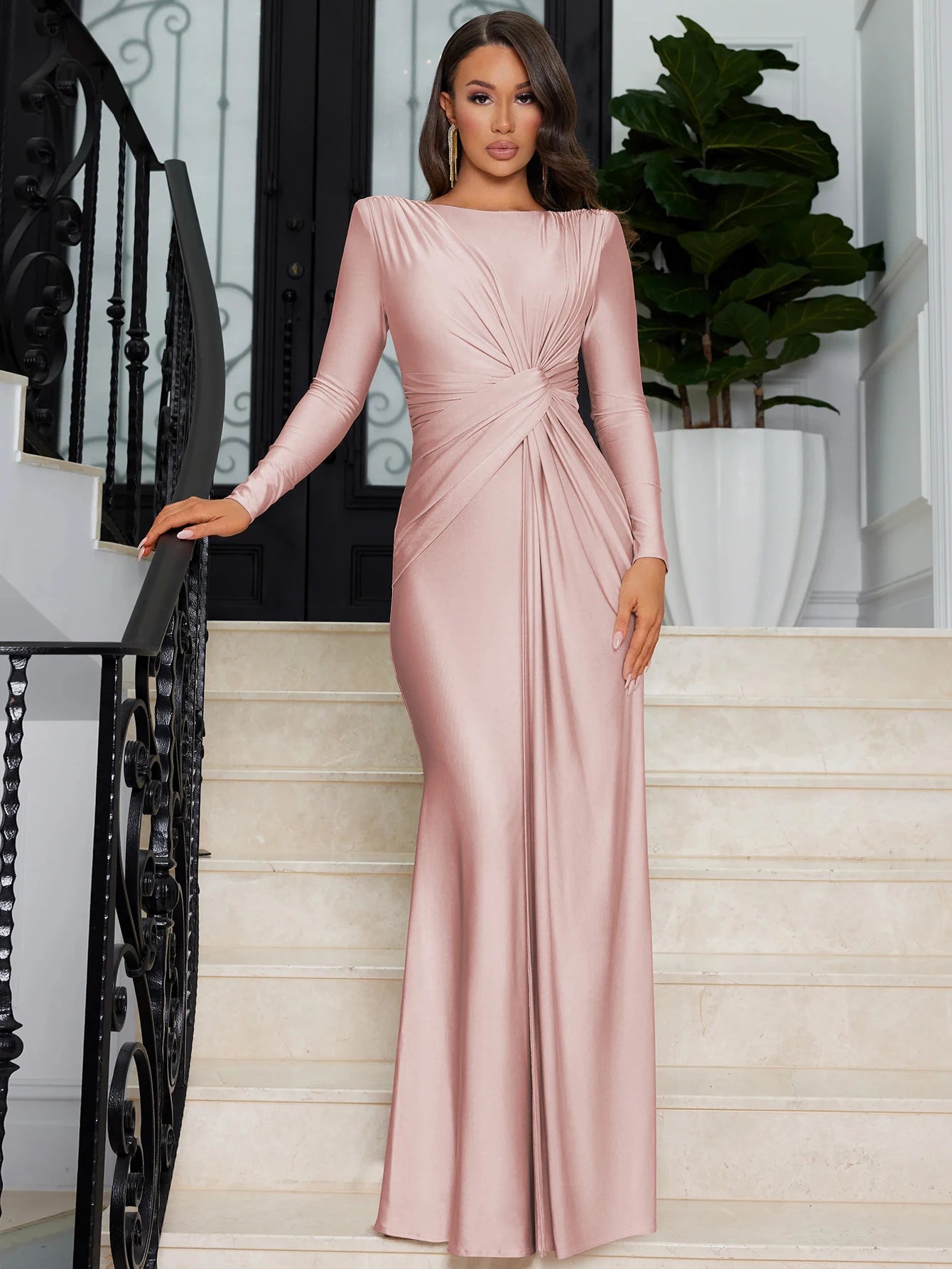 Elegant Ruched Long Sleeve Pleated Maxi Dress for Women