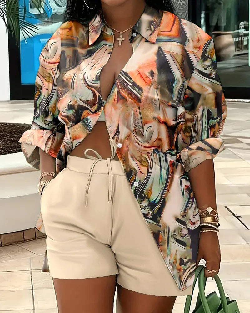 Casual Geometric Print Shirt Shorts Two Piece Set for Women
