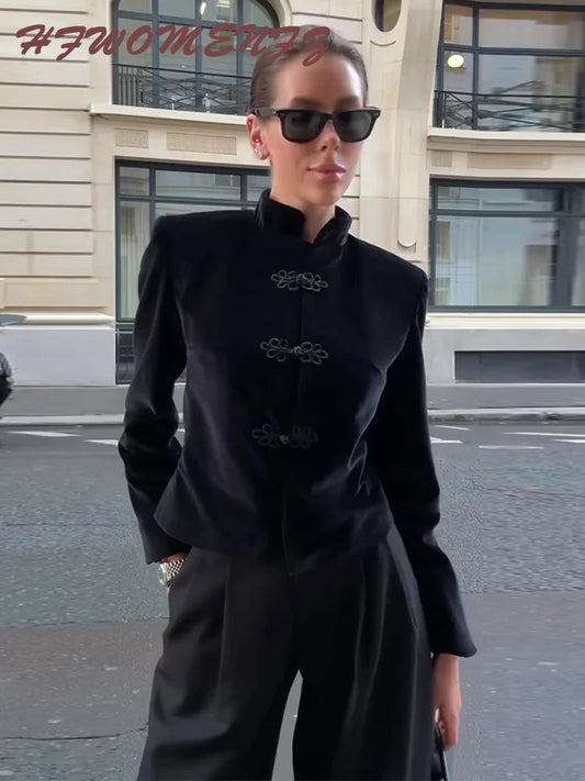 Chinese Knot Stand Collar Long Sleeve Jacket for Women