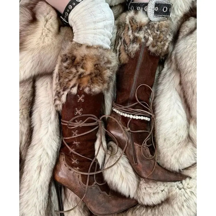 Vintage Leopard Knee High Boots With Zipper And Pointed Toe For Women
