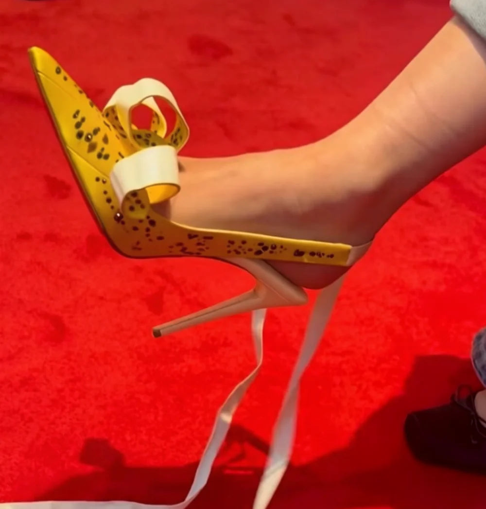 Yellow Satin Bow Pointed Toe Pumps