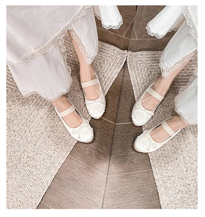Round Toe Bow Satin Mary Jane Ballet Flats for Women