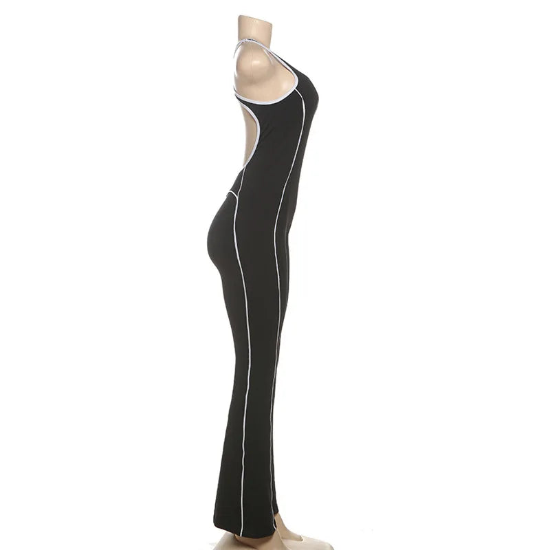 FAGADOER Fashion Striped Patchwork Bodycon Jumpsuits Women Sleeveless Backless Hollow Out Rompers Female Streetwear Overall New