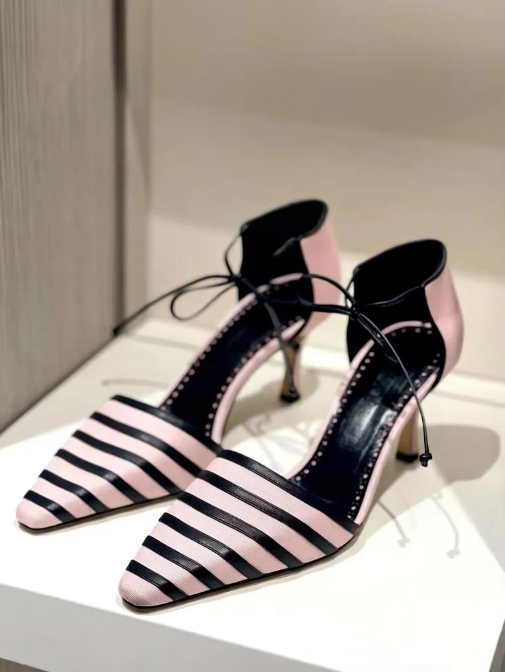 Light Pink Striped Pointed Toe Pumps