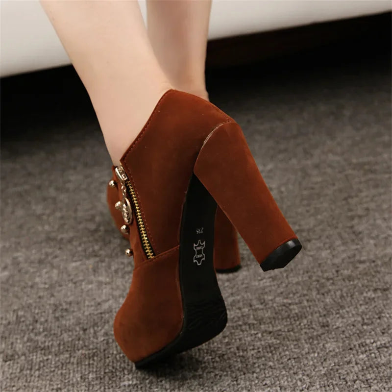 Elegant Lace Up Zip Square Heel Ankle Boots For Women