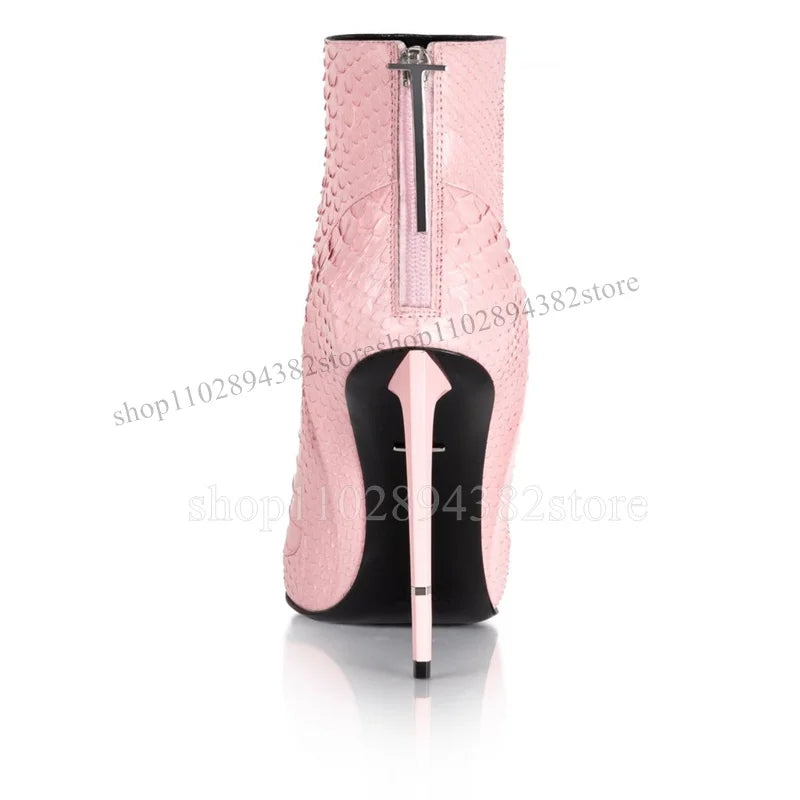 Pink Crocodile Print Pointed Toe High Heel Boots With Back Zipper For Women