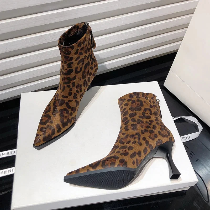 Leopard Print Zipper Ankle Boots