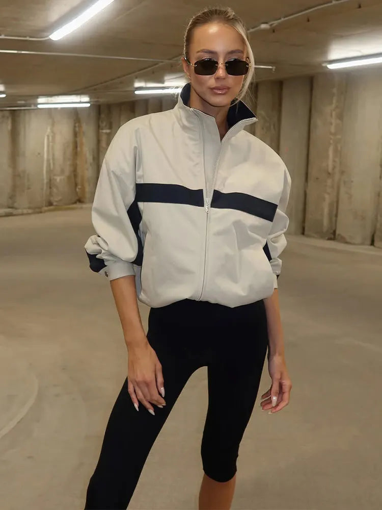 Color Block Zip Up Cropped Jacket With Stand Collar For Women