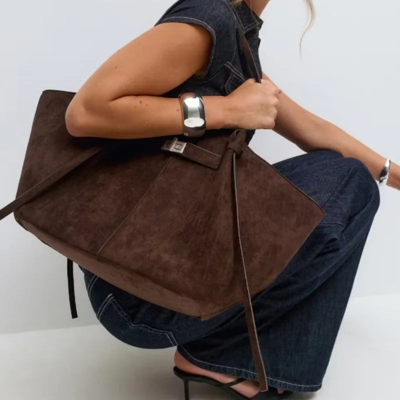 Structured Suede Trapezoid Tote Bag